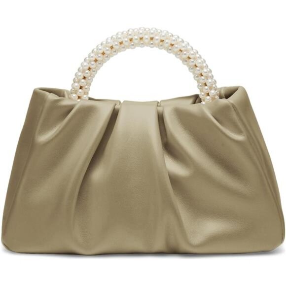 Women Small Pearl Handbags Soft Leather Khaki - Picture 1 of 6